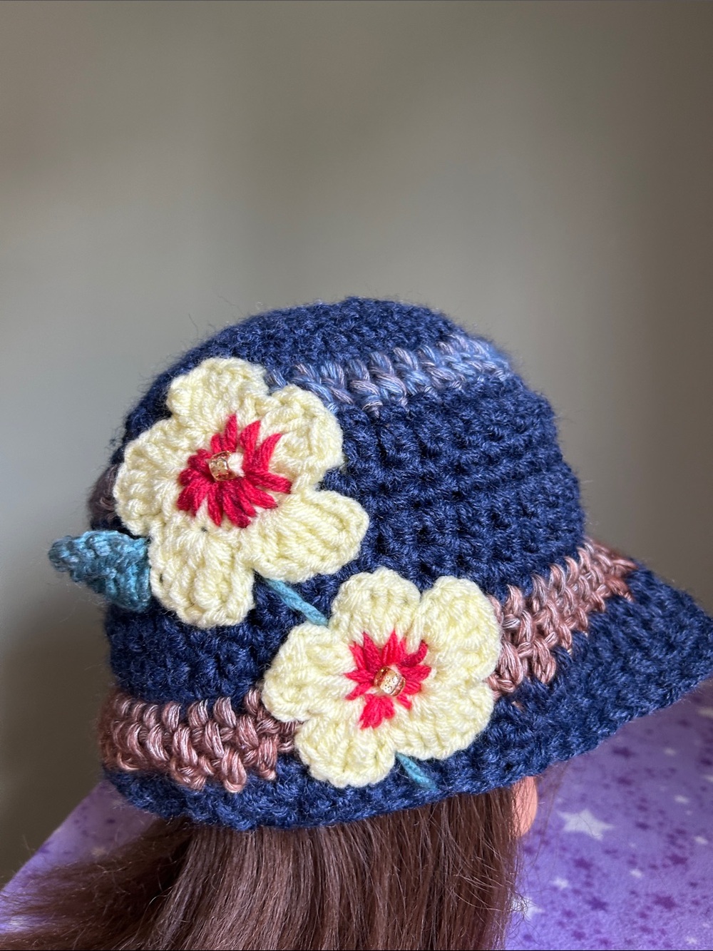 Handmade Navy Crocheted newsboy with Yellow Flower medium
